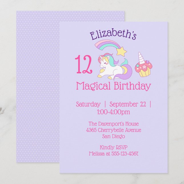 Magic Birthday Unicorn och Cupcoa Party Inbjudningar (Fram/baksida)