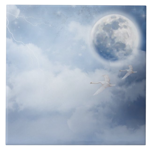 Magic Blå himmel med flygande Svanar Kakelplatta (Framsidan)