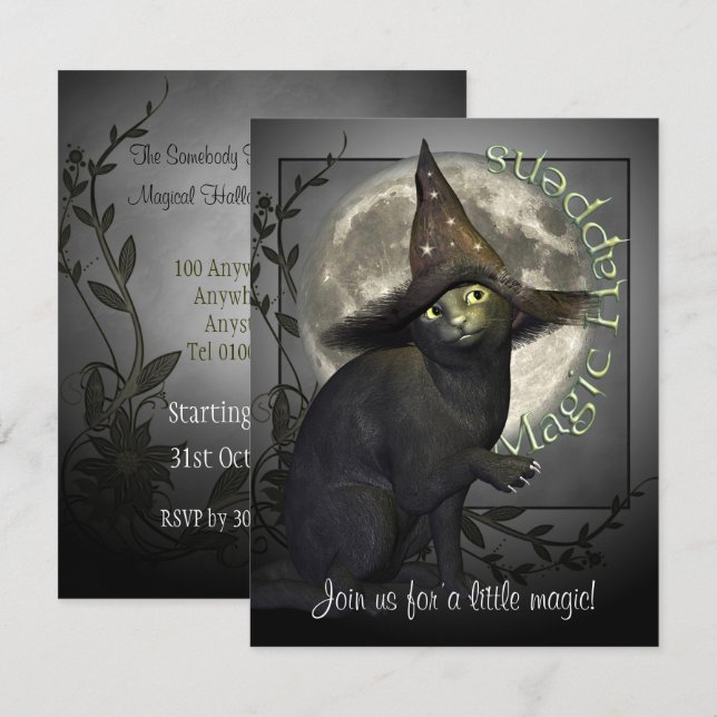 Magic Black Cat Small Halloween-inbjudan Inbjudningar (Fram/baksida)