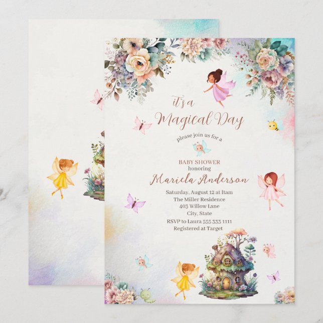 Magic Blommigt Fairy Princess vattencolor Baby Sho Inbjudningar (Fram/baksida)