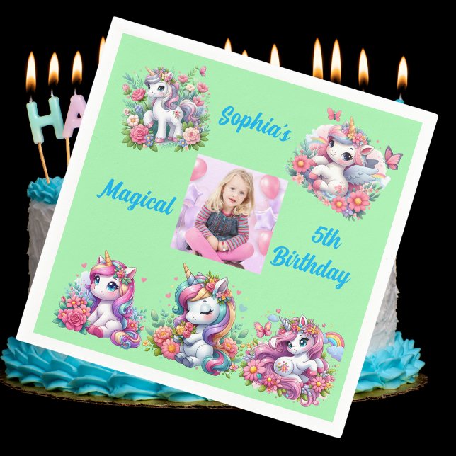 Magic Blommigt Unicorn Photo Barns födelsedag Part Pappersservett (Skapare uppladdad)