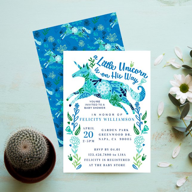 Magic Blommigt Unicorn Pojke Shower-inbjudan Inbjudningar (Magical Floral Unicorn Baby Boy Shower Invitation)