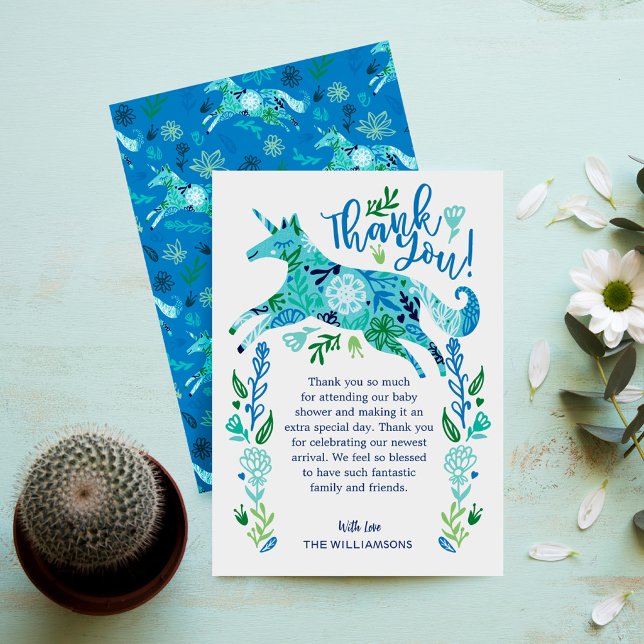 Magic Blue Blommigt Unicorn Pojke Shower Tack Kort (Magical Blue Floral Unicorn Baby Boy Shower Thank You Card)
