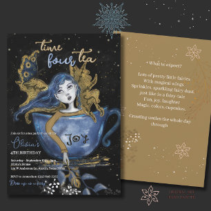 Magic Blue Guld Fairy Tekopp Birthday Tea Party Inbjudningar