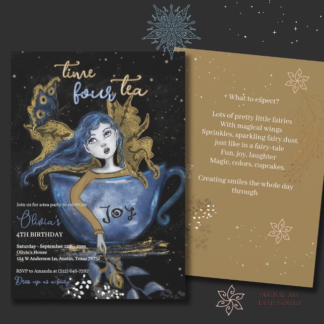 Magic Blue Guld Fairy Tekopp Birthday Tea Party Inbjudningar (Magical Blue Gold Fairy Teacup Birthday Tea Party Invitation)