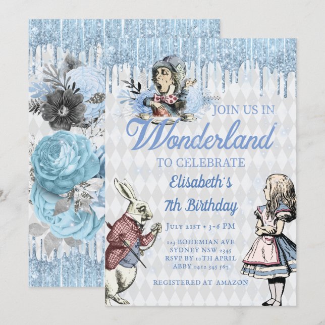 Magic Blue Ice Alice i Wonderland Party Inbjudningar (Fram/baksida)