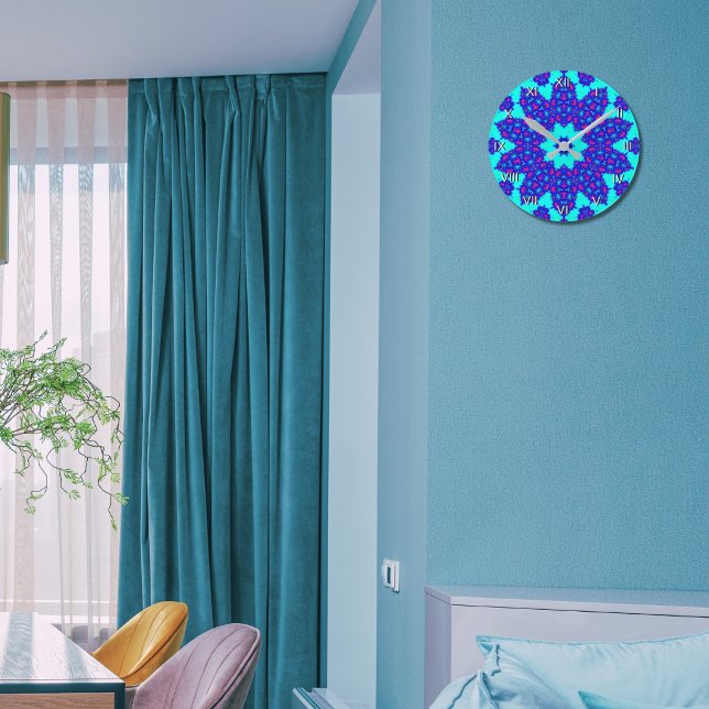 Magic Blue kaleidoscope med blomning numrerad Rund Klocka (Skapare uppladdad)