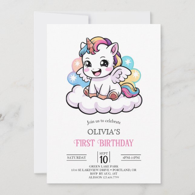 Magic Boho Digital Unicorn 1:a födelsedagen Inbjudningar (Framsida)