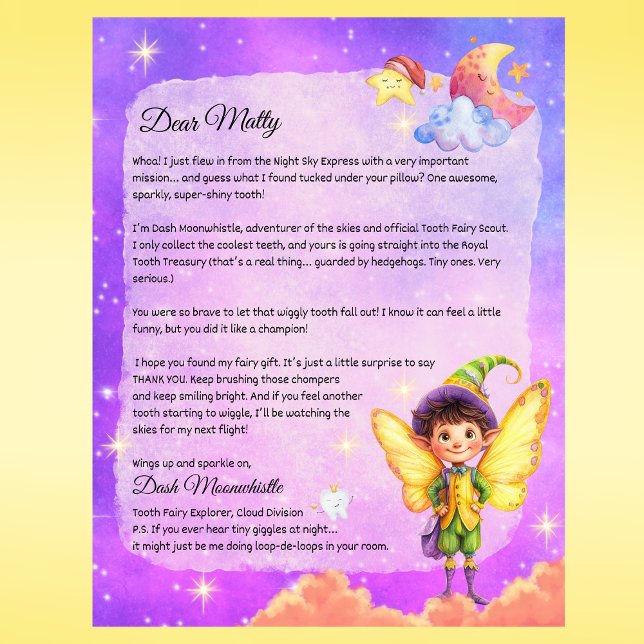 Magic Boys Tooth Fairy Keepsaké Brev-Anpassningsba (Boys Tooth Fairy Letter Personalized Printed Letter from Dash Moonwhistle – Custom Tooth Fairy Note)