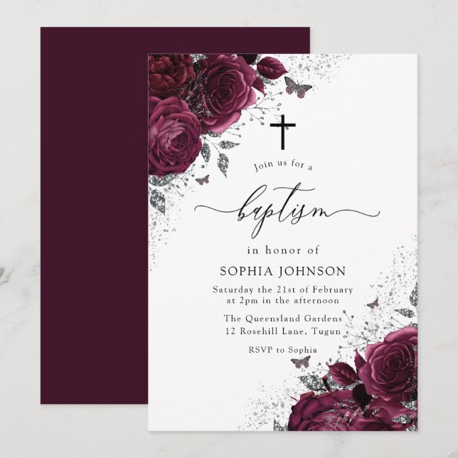 Magic Burgundy Ro med Silver Elegant Baptism Inbjudningar (Fram/baksida)