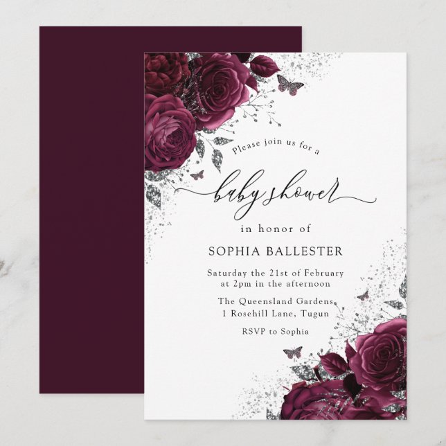 Magic Burgundy Ro Silver Elegant Baby Shower Inbjudningar (Fram/baksida)