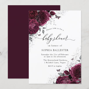 Magic Burgundy Ro Silver Elegant Baby Shower Inbjudningar