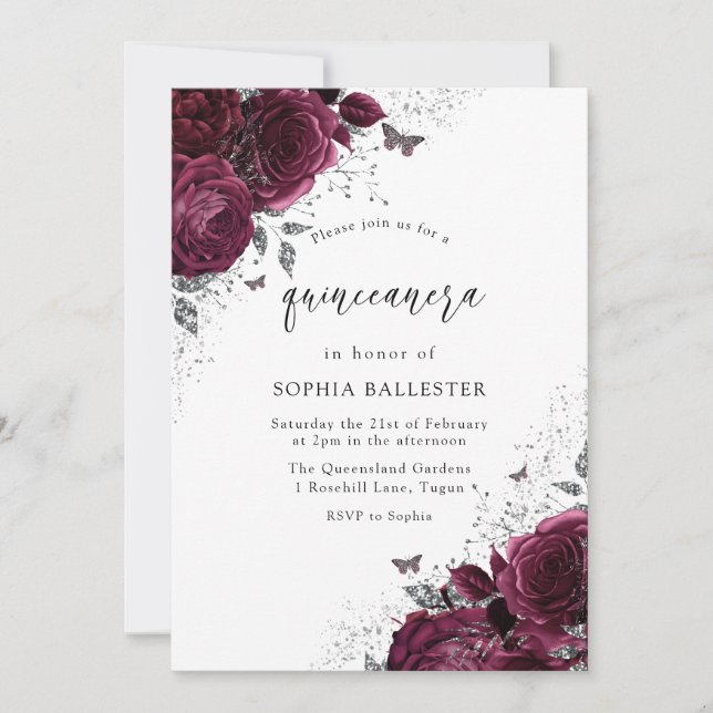Magic Burgundy Ro Silver Elegant Quinceanera Inbjudningar (Framsida)