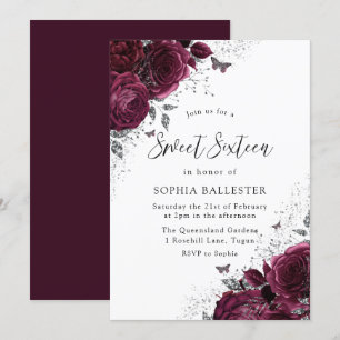 Magic Burgundy Ro Silver Elegant Sweet 16 Inbjudningar