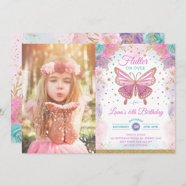 Magic Butterfly Rosa Lila Guld Fairy Birthday Inbjudningar (Fram/baksida)