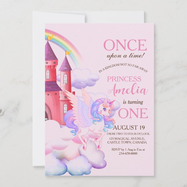 Magic Castle Rosa Unicorns 1st Princess Birthday Inbjudningar (Framsida)