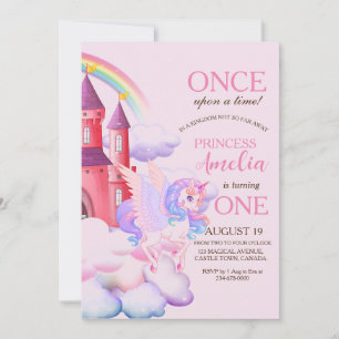 Magic Castle Rosa Unicorns 1st Princess Birthday Inbjudningar