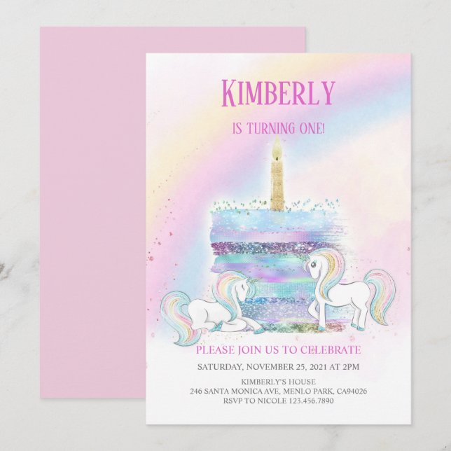 Magic Castle Unicorn Rosa Princess 1:a födelsedage Inbjudningar (Fram/baksida)