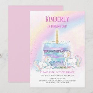 Magic Castle Unicorn Rosa Princess 1:a födelsedage Inbjudningar