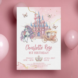 Magic Castle Unicorn Rosa Princess 1:a födelsedage Inbjudningar