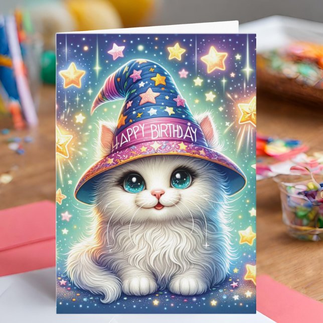 Magic Cat Birthday Card Kort (Birthday card with a cute cat in a wizard hat.)