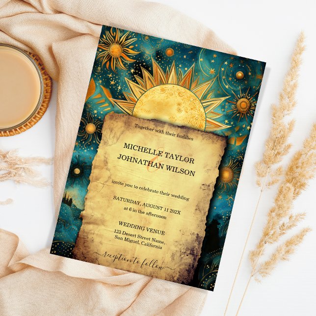 Magic Celestial Astro Cosmic Guld Stars Måne Inbjudningar (celestial astro cosmic wedding invitation)