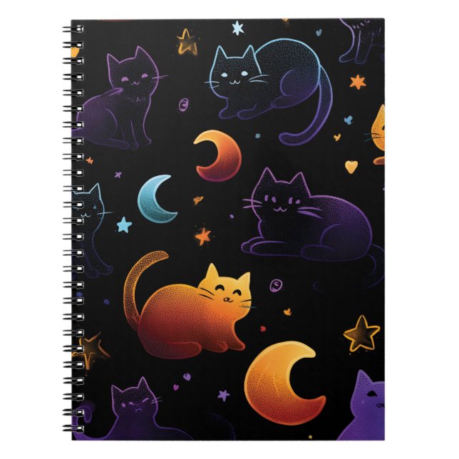 Magic Celestial Cat Mönster med Måne Anteckningsbok (Framsidan)
