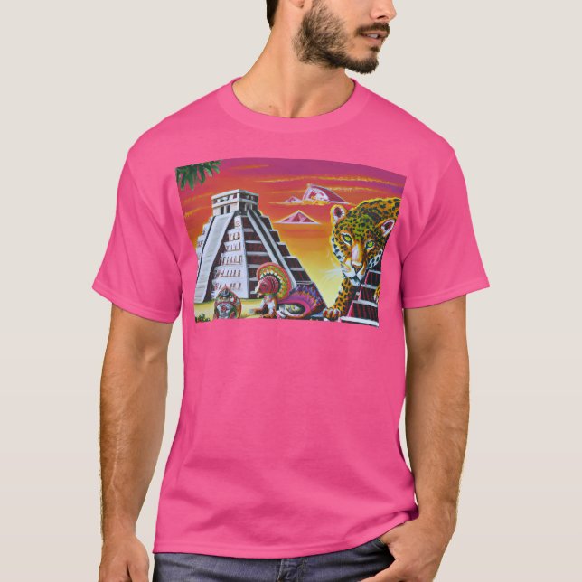 Magic Chichen Itza Mayan Jaguar Scene Long T Shirt (Framsida)