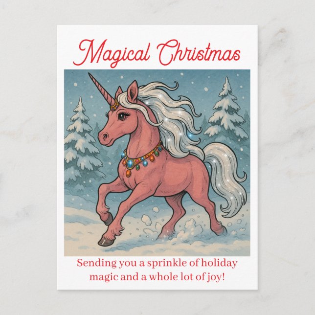 Magic christmas sparkling unicorn helg vykort (Framsida)