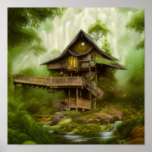 Magic Cottage House i Greenery Scene Forest Poster