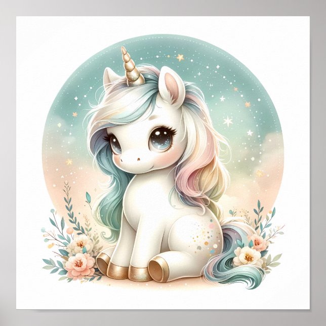 Magic Cute Kawaii Unicorn Blommigt Nursery Kids Poster (Framsidan)