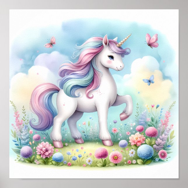 Magic Cute Kawaii Unicorn Blommigt Poster (Framsidan)