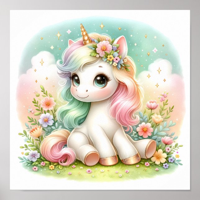 Magic Cute Kawaii Unicorn Blommigt Poster (Framsidan)