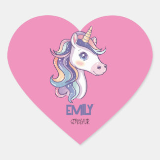Magic Cute Sparkly Pastel Unicorn med Kids Namn Hjärtformat Klistermärke