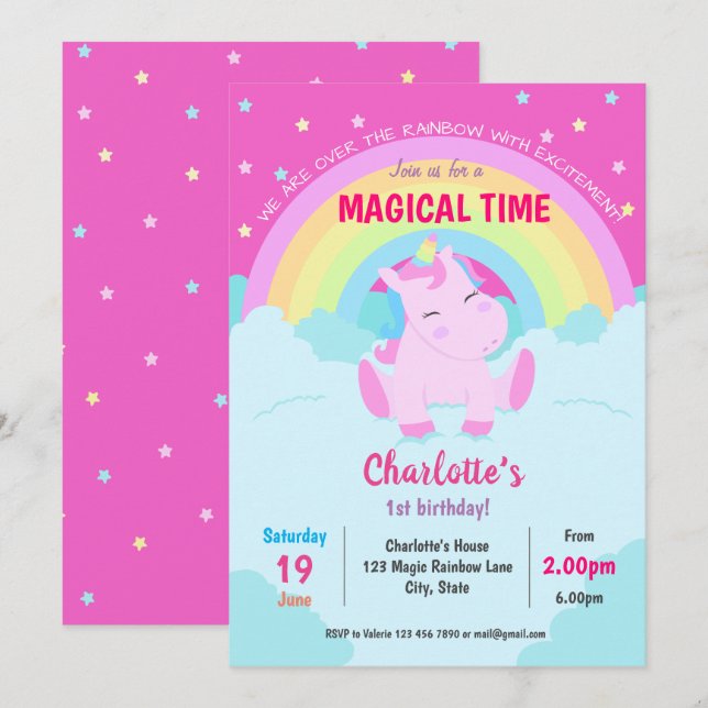 Magic Cute Unicorn Birthday Inbjudningar (Fram/baksida)