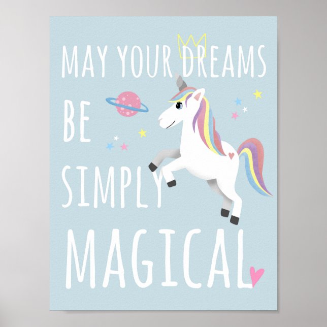 Magic Cute Unicorn Kids Whimsical Blue Nursery Poster (Framsidan)