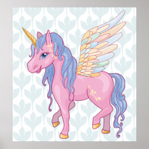 Magic Cute Unicorn med regnbåge vingar illustratio Poster