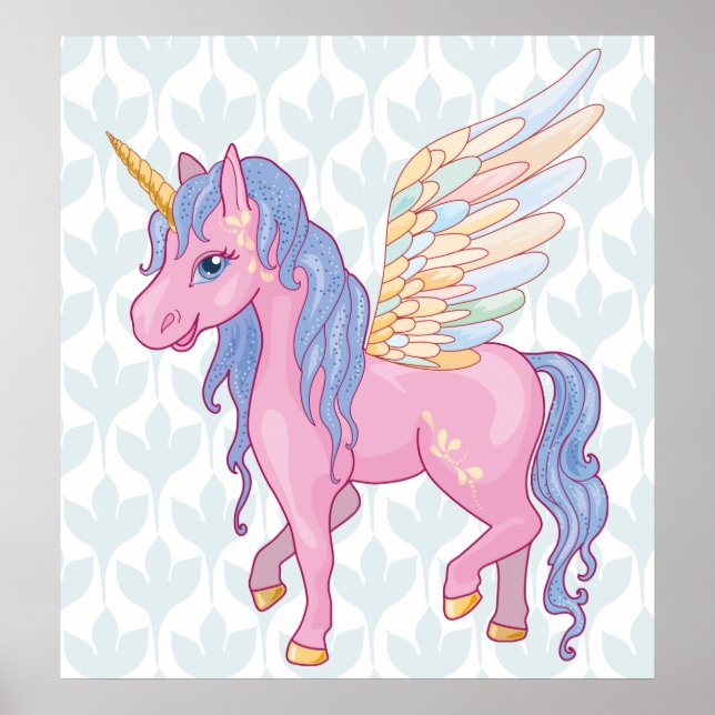 Magic Cute Unicorn med regnbåge vingar illustratio Poster (Framsidan)