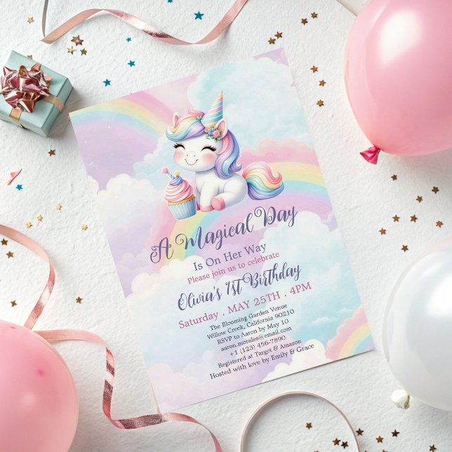 Magic Cute Unicorn Rainbow 1 Birth Day Inbjudningar (Skapare uppladdad)