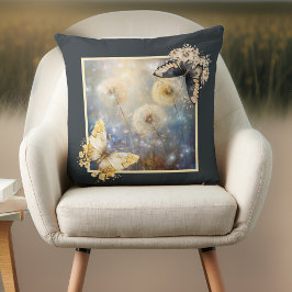 Magic Dandelions with Black and Guld Butterflies Kudde