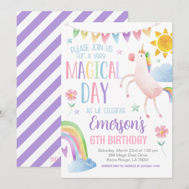 Magic Day Unicorn Birthday Inbjudan (Fram/baksida)