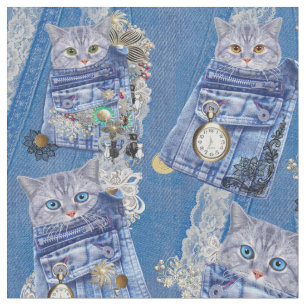 Magic Denim poies & kittens Tyg