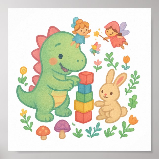 Magic Dino & Bunny - Cute Fairy Tale Friends Pos Poster (Framsidan)