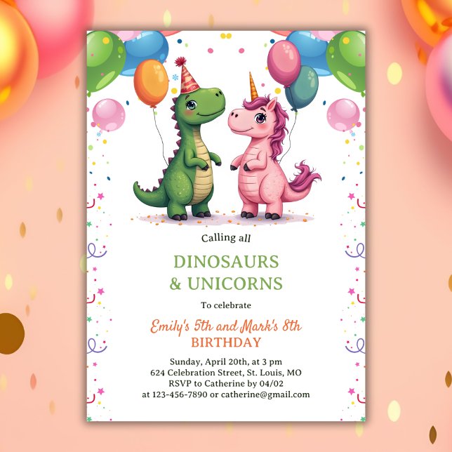 Magic Dinosaur & Unicorn Joint Barns födelsedag Inbjudningar (Magical Dinosaur & Unicorn Joint Kids Birthday Invitation)