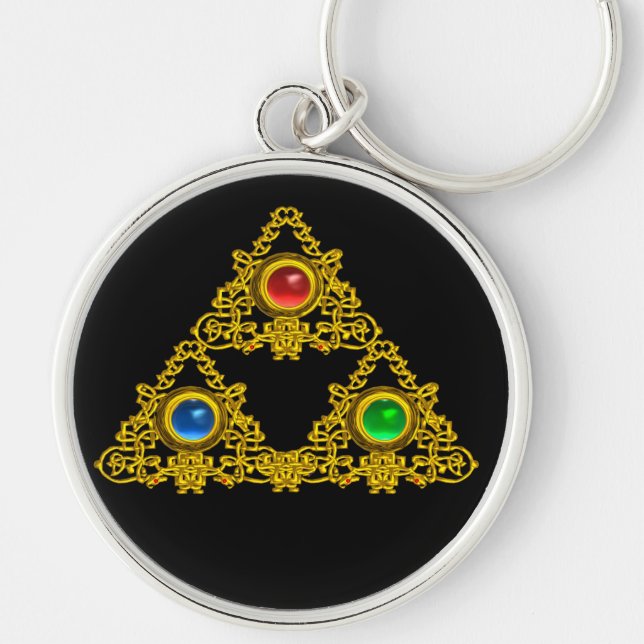 MAGIC ELFIC TALISMAN,BLACK GULD TRIANGLE,GEMSTONES RUND SILVERFÄRGAD NYCKELRING (Framsidan)