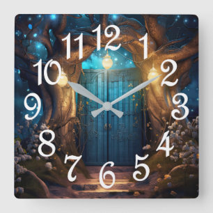 Magic Enchanted Forest Fantasy Antique Door Fyrkantig Klocka