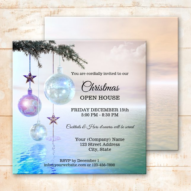 Magic Enchanted jul Party Open House Inbjudningar (Modern Christmas Holiday party invitation featuring festive sparkling Christmas baubles on an ocean)