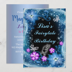 Magic Fairy and Butterflies Blue Blommigt Birday Inbjudningar