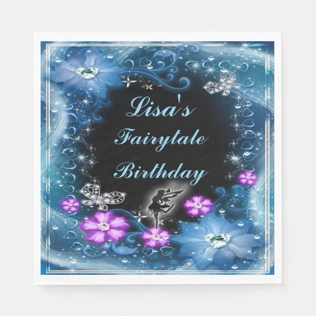 Magic Fairy and Butterflies Blue Blommigt Birday Pappersservett (Framsidan)