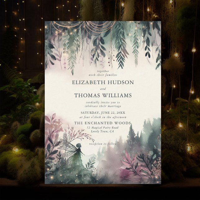 Magic Fairy Bröllop Inbjudningar (enchanted forest fairy wedding invitation watercolor mountains woods magical fairytale emerald gold )